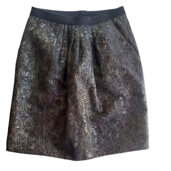 2B.RYCH Womens Skirt SZ 6 Black‎ Gold Metallic Swirl Pleated Lined Knee Zipper - Picture 1 of 10